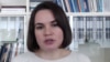 Svyatlana Tsikhanouskaya during her December 14, 2021 interview with Current Time news anchor Igor Sevryugin